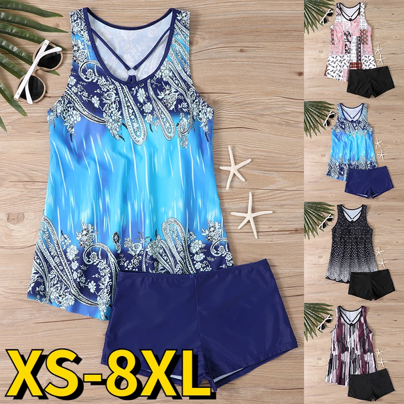 Women Swimwear Swimsuit Bikini Set Summer Loose Tankini Abstract Printing Monokini Bathing Suit Vintage Beach Wear Plus Size