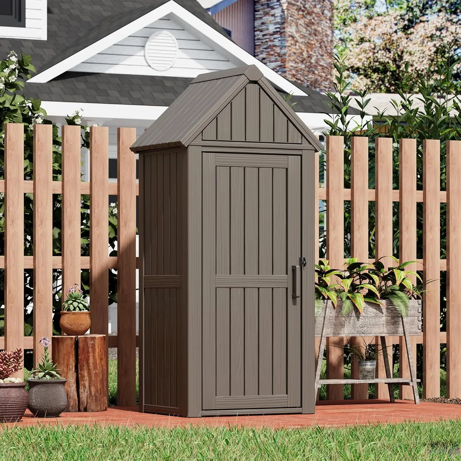 

Outdoor Resin Storage Shed, Upgrade Durable Storage Cabinet with Removable Shelves and Lock Ring, Reinforced Floor
