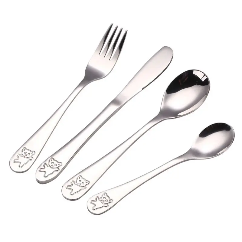 4 Pcs/set Baby Teaspoon Spoon Food Feeding Fork Knife Utensils Set of 4 Stainless Steel Kids Learning Eating Habit