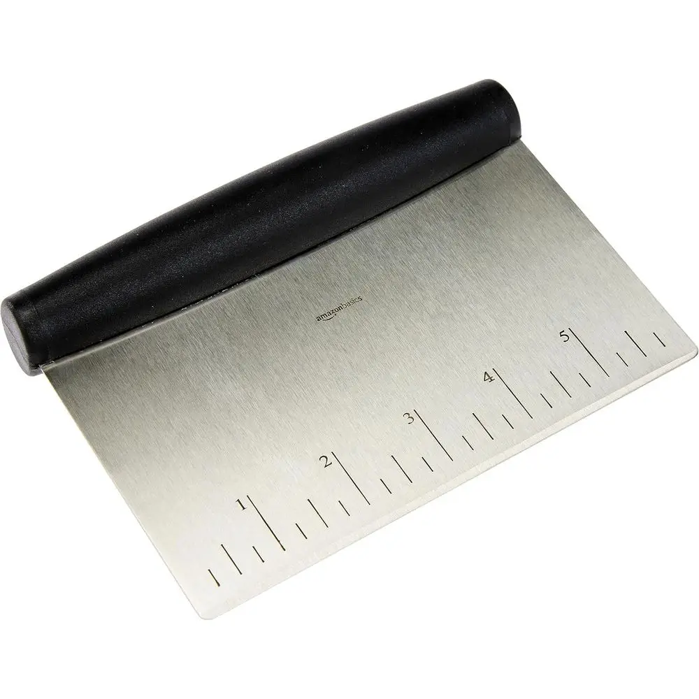 Multi-pose Bench Scraper, Stainless Steel Dough Cutter with Measurement Marks, Dishwasher Safe, Non-slip Contoured Grip, 6, Blac