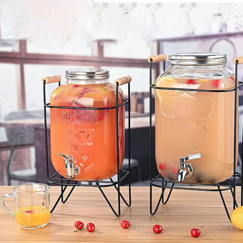 DD2480 5L 8L Big Volume Glass Water Container with Metal Stainless Stand Beverage Barrel Glass Drink Juice Dispenser With Tap