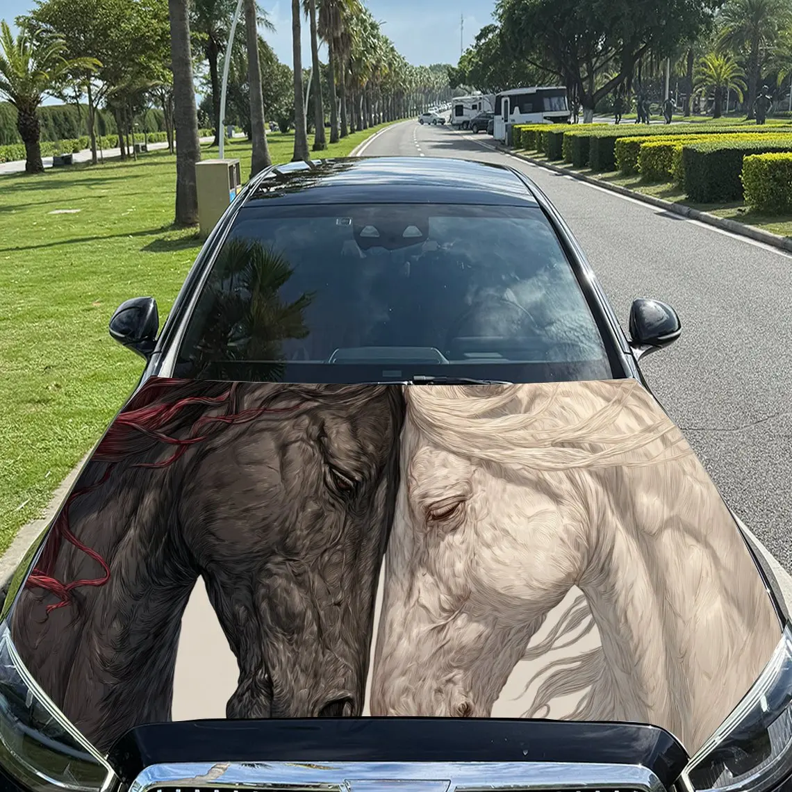 

Unique Horses' Look in Contrast PVC Car Engine Hood Vinyl Wraps, Self-Adhesive Waterproof Car Hood Decal Sticker, Car Decoration