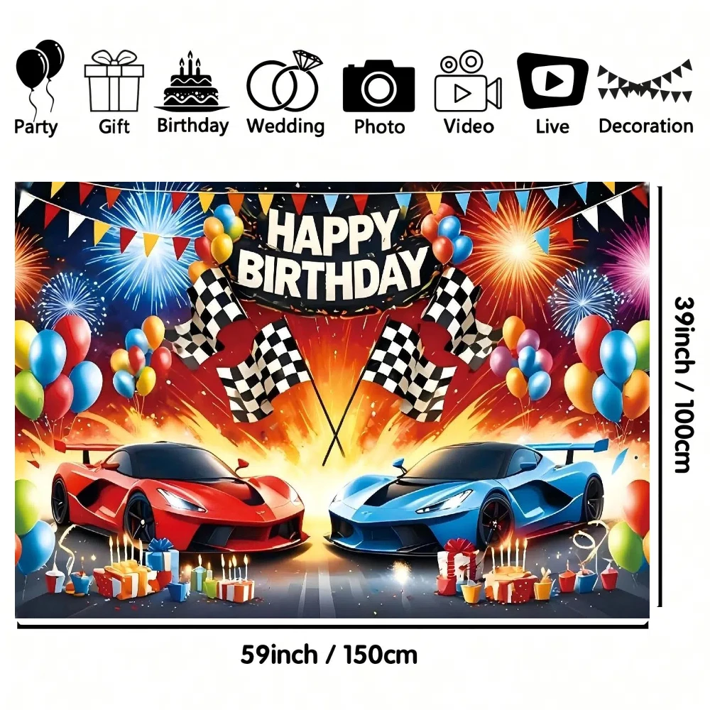 1pc vibrant cartoon racing themed birthday background banner, red and blue supercar design, polyester birthday party photo backg - Detail 1