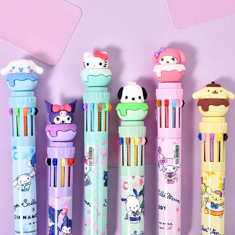 6 Pcs/Set 10-Color Ballpoint Pen Sanrio Character Hello Kitty Joint Style Sailor Moon Kino Makoto Chibiusa Student Supplies