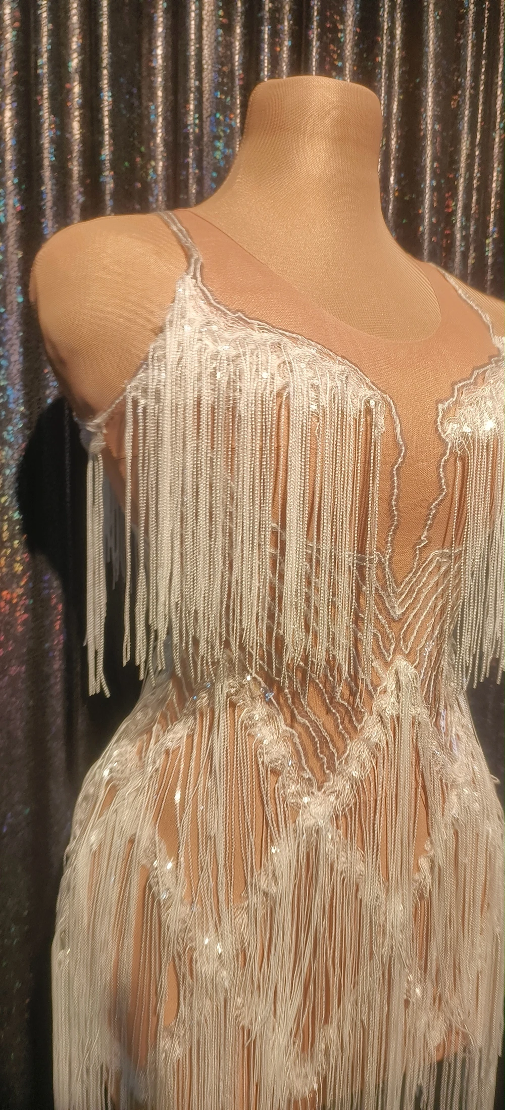 

Sexy Mesh See Through Tassel Dance Costume Birthday Dress Performance Show Stage Wear Shining Silver Sequins Fringes Dress