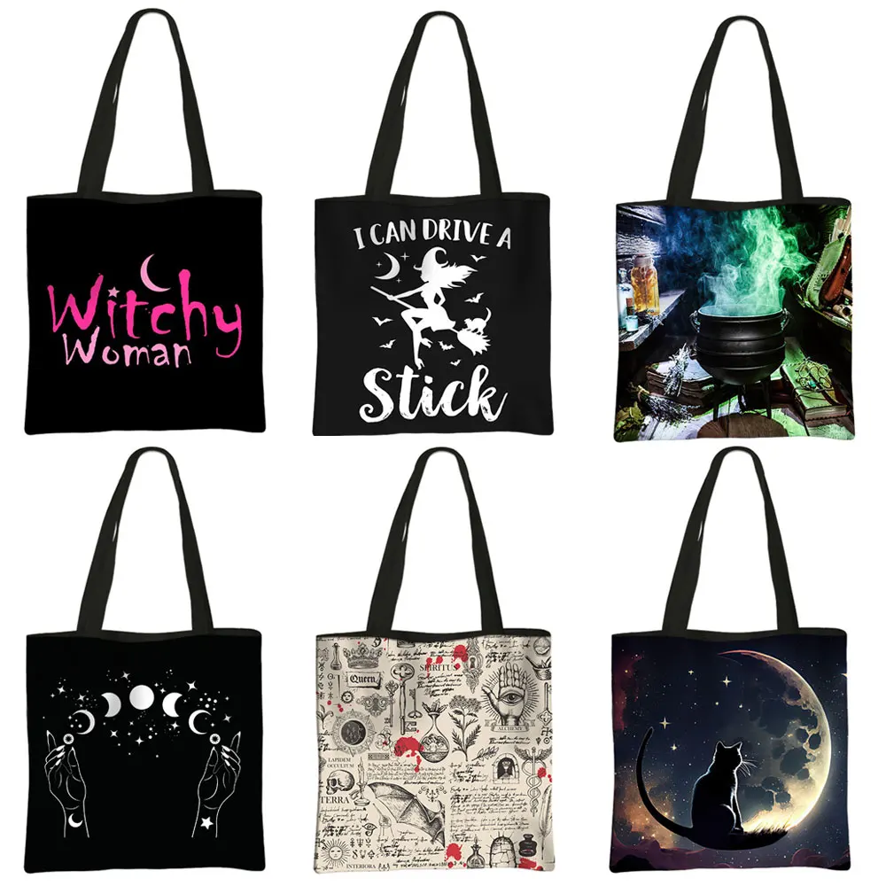 Witch Moon Star Print Totes Bag Magical Hat Furnace Moon Cat Gothic Handbag Canvas Shoulder Bag Witchcraft Magical Shopping Bag