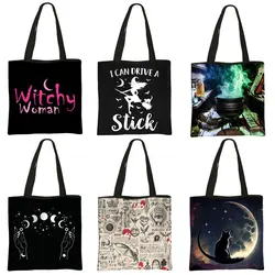 Witch Moon Star Print Totes Bag Magical Hat Furnace Moon Cat Gothic Handbag Canvas Shoulder Bag Witchcraft Magical Shopping Bag