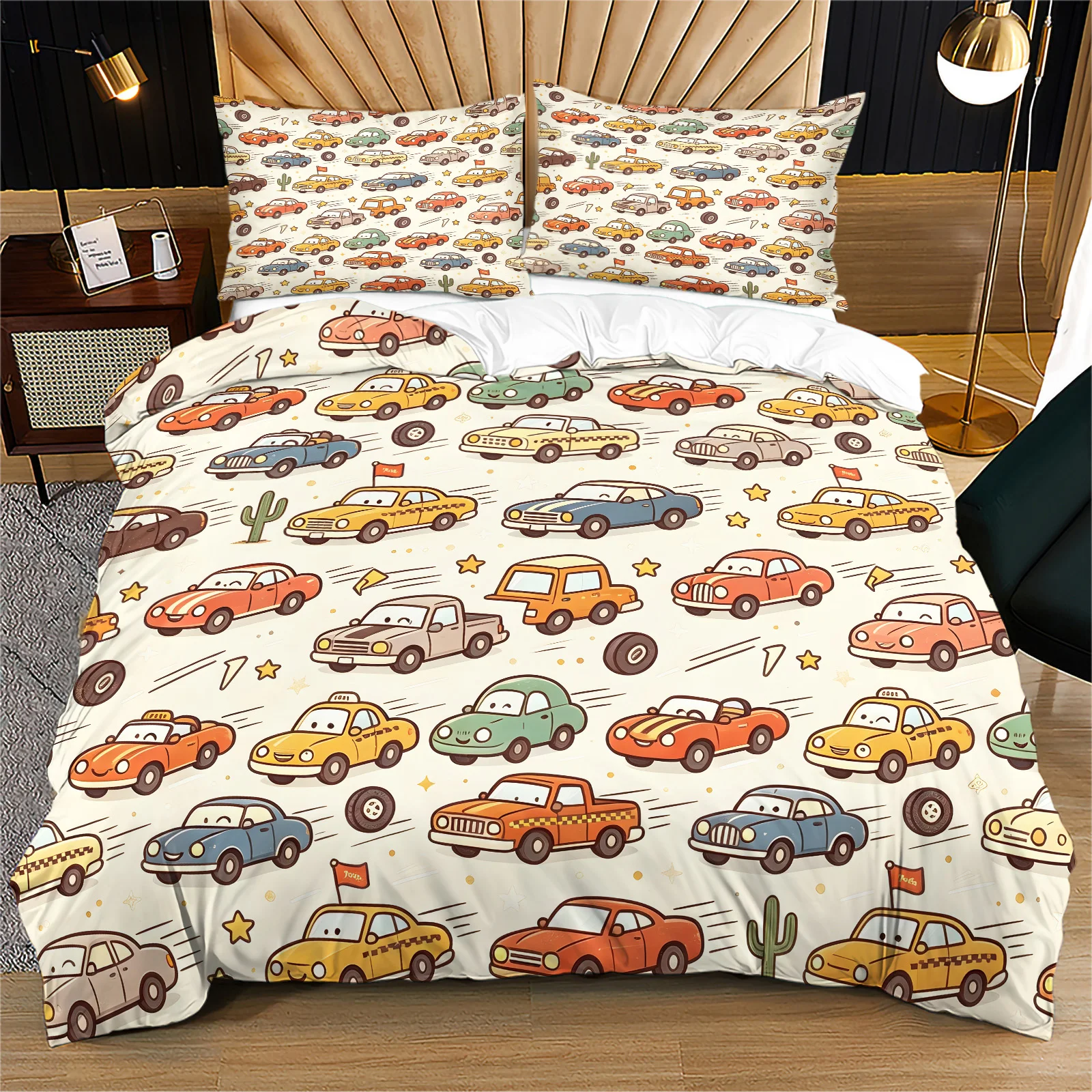 Vintage Cartoon Car Duvet Cover Set Retro Taxi Sports Pick‑up Truck Print Bedding Set with Pillowcases Soft Decorative Bedding