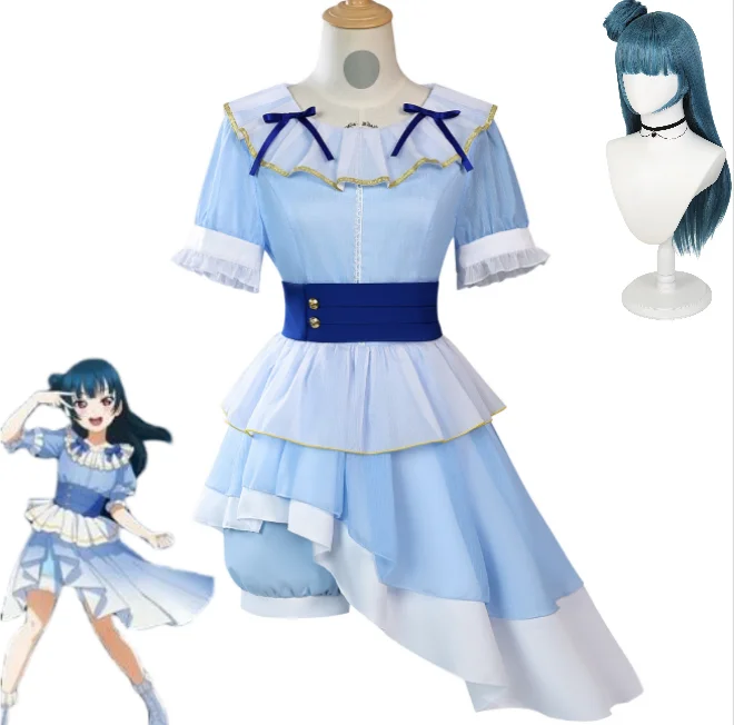 

Anime Lovelive Sunshine Cosplay Aqours Watanabe You Numazu 100th Anniversary Blue Dress Sweet Lolita Halloween Cosplay Costume