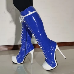 DOHBANER Women Knee High Boots Platform Wide Calf Friendly Stiletto High Heels Side Zip Boots Shoes Woman Big Size 40 42 4 45 52