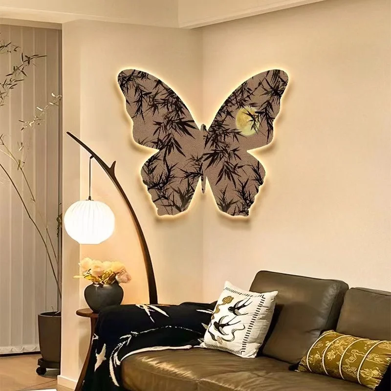 

Mid ancient style butterfly corner lamp painting glowing 2024 new living room decoration painting high-end lobby hanging paintin