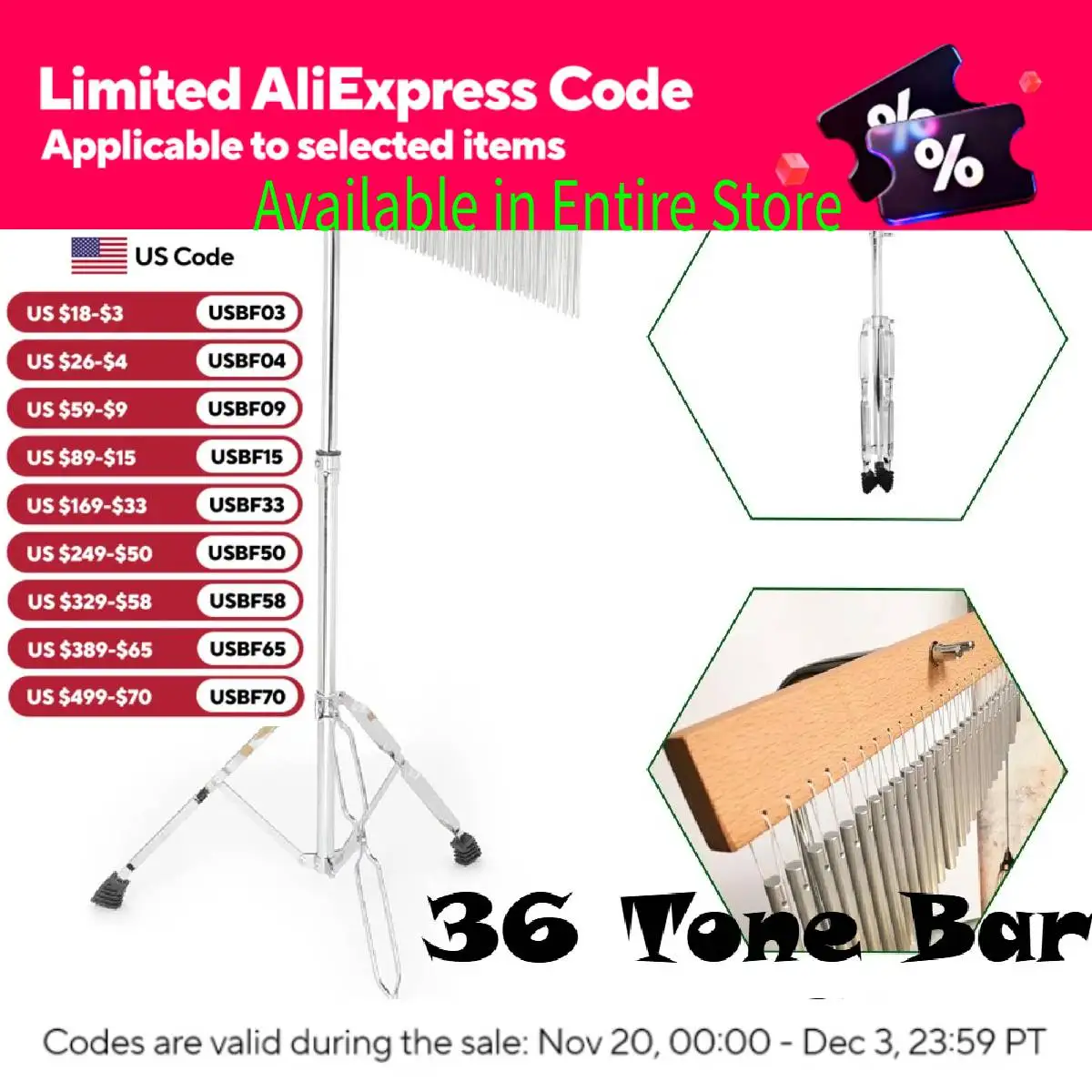 Lonceng Angin 36 Nada, Lonceng Musik Satu Baris dengan Braket yang Dapat Disesuaikan, Paduan Aluminium dengan Penyangga Tripod dan Perkusi