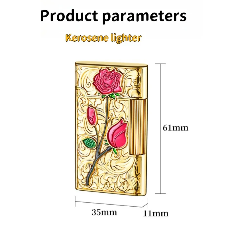 Metal Relief Rose Side Sliding Grinding Wheel Kerosene Lighter Personalized Creative Portable Open Flame Lighter High-end Gift