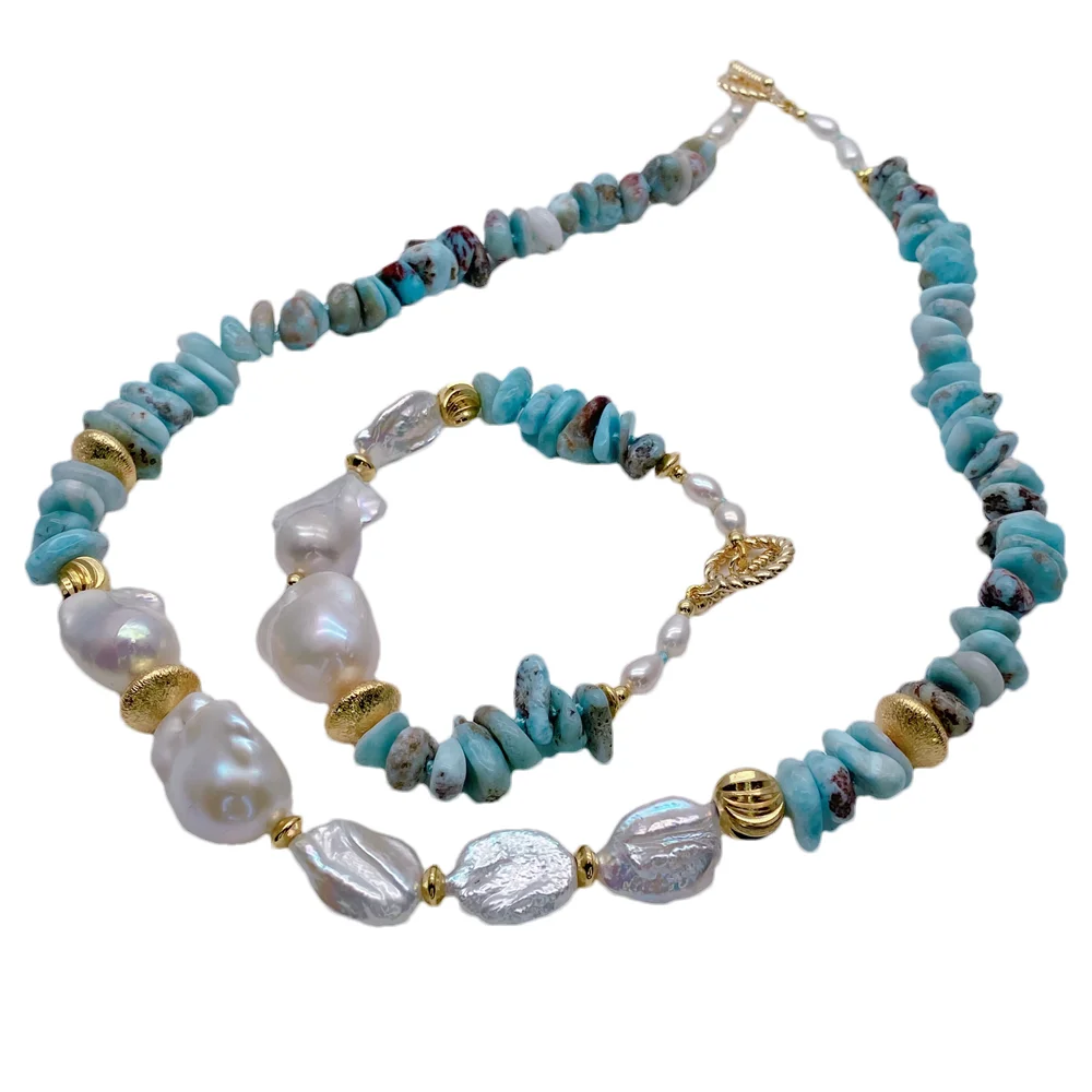 

Y·YING Women Blue Larimar White Nucleated Flameball Baroque Pearl Pearl Keshi Pearl Bracelet Necklace Set Jewelry
