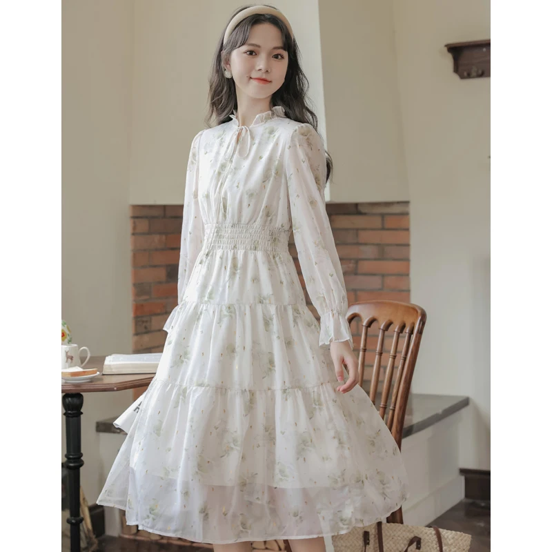 

Spring New French Women Dress Floral Long Sleeve Lace-up Mid-length Dresses Sweet Elegant Fairycore Maxi Dress Female