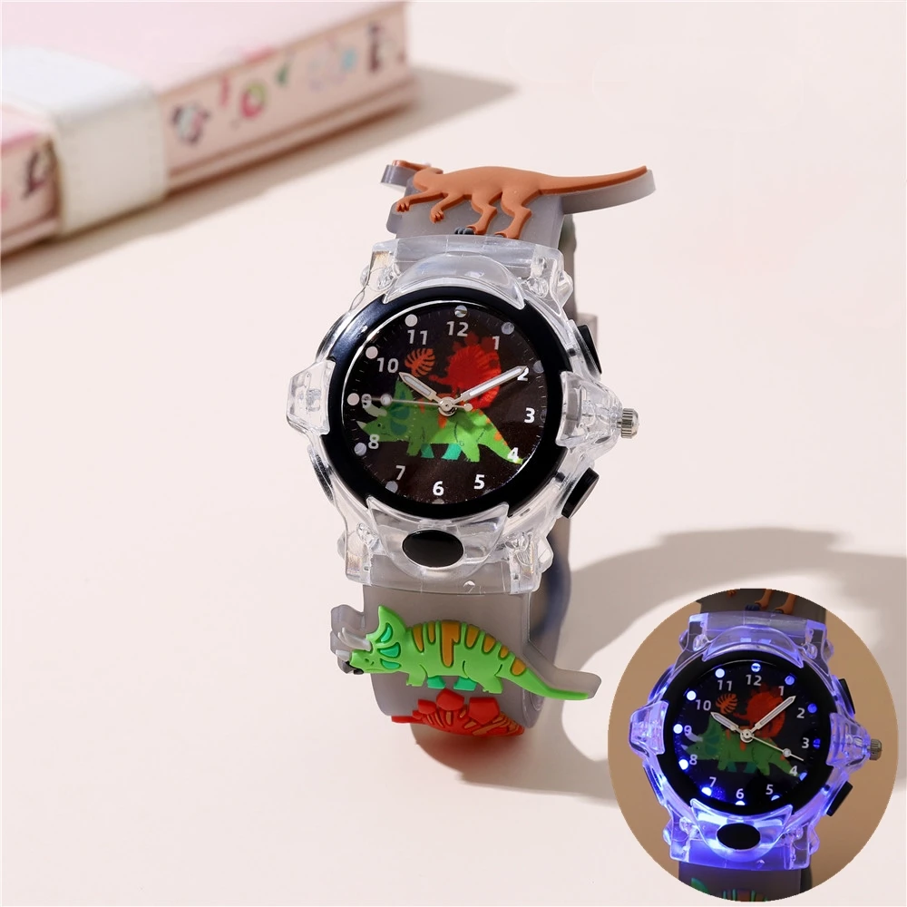 Relógio infantil de quartzo estilo dinossauro luminoso LED