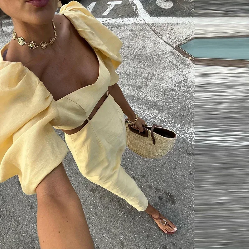 

New Yellow Puff Sleeve Hollow A-line Dress Club Party Square Neck Women's Long Dress Elegant High Waist Slim Fit Holiday Dresses