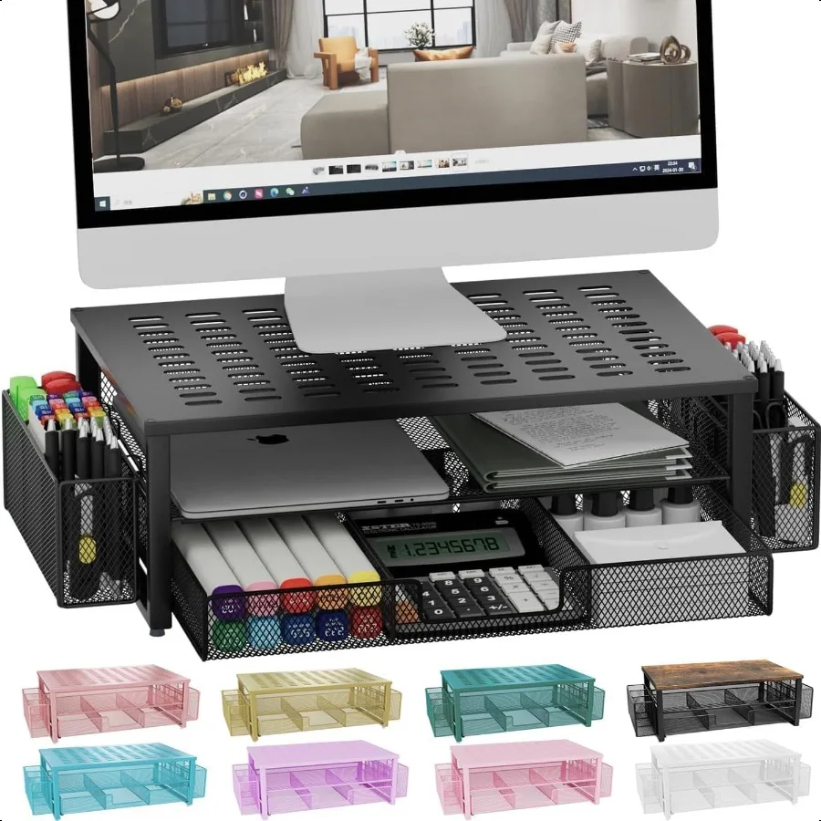 

gianotter Desk Computer Monitor Stand Riser with Drawer and 2 Pen Holder Desk Organizer Monitor Stand for Desk Storage for Clas