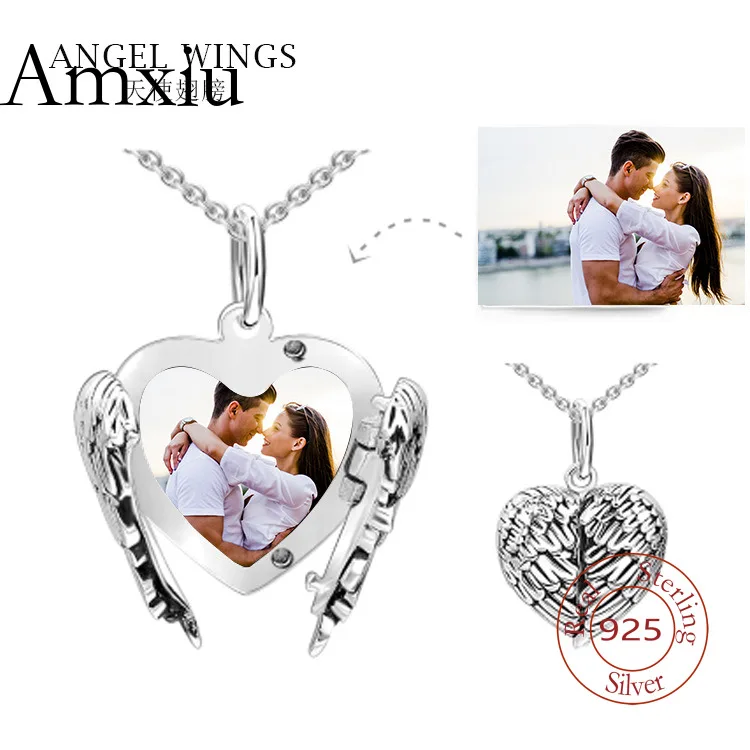Amxiu Sterling Silver 925 Custom Made Angel Wings Necklace Pendant Personalize Photo Valentine's Day Birthday Gift