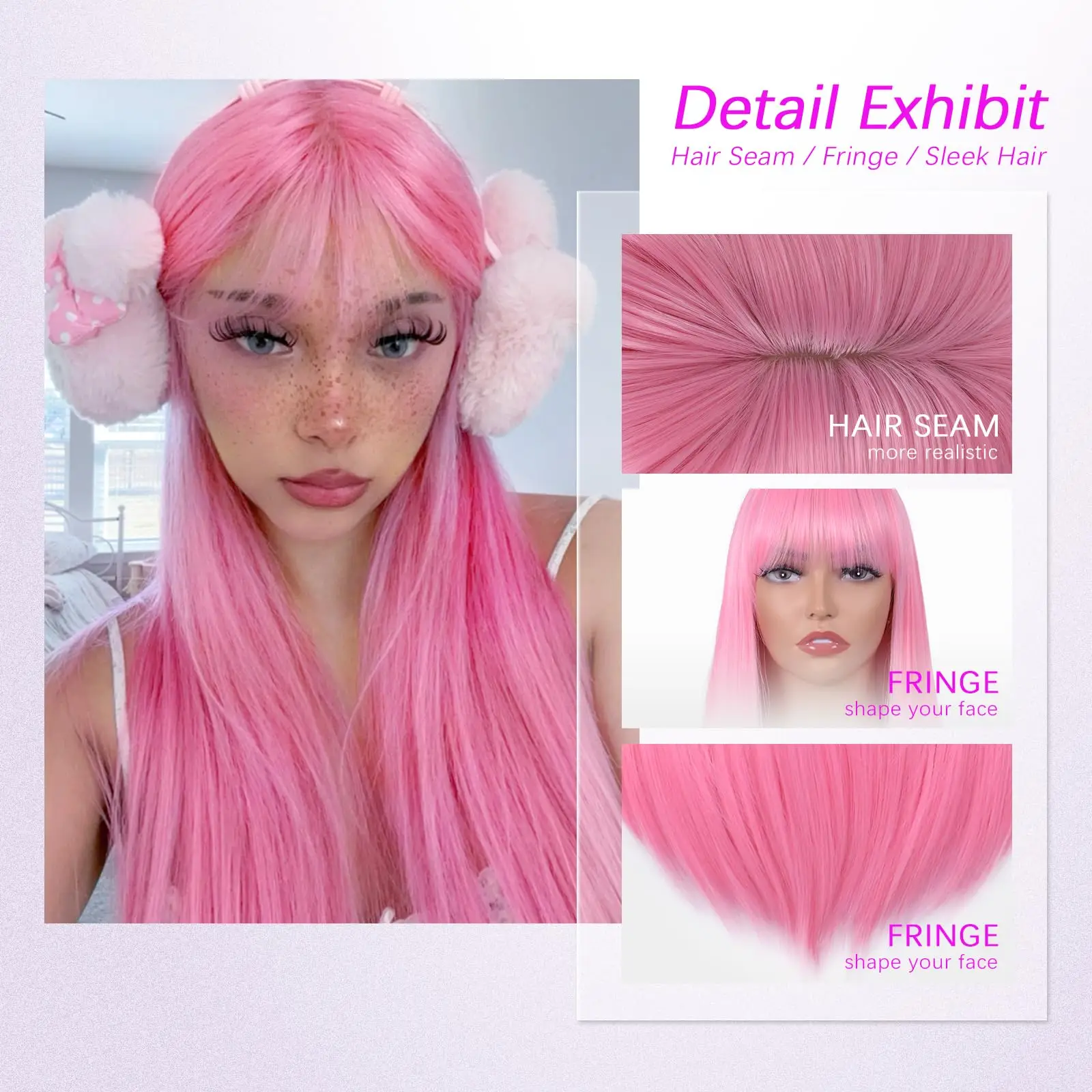 Perruque synthétique rose clair avec cheveux longs et raides, perruque de cosplay pour fête d'Halloween, ensemble de perruques accessoires pour cheveux quotidiens à haute température