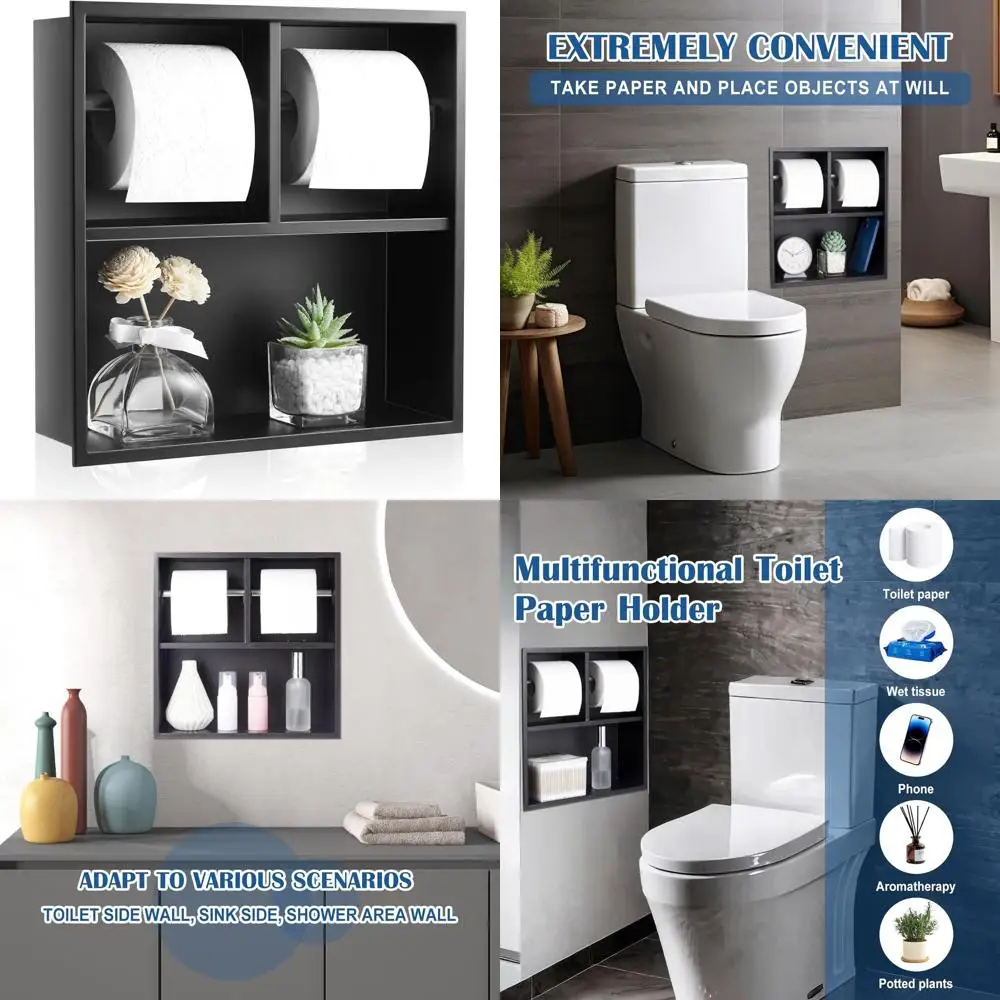 

In-Wall Dual Toilet Paper Dispenser, Matte Black, 304 Stainless Steel with Brushed Nickel Finish, Storage Shelf for Bathroom