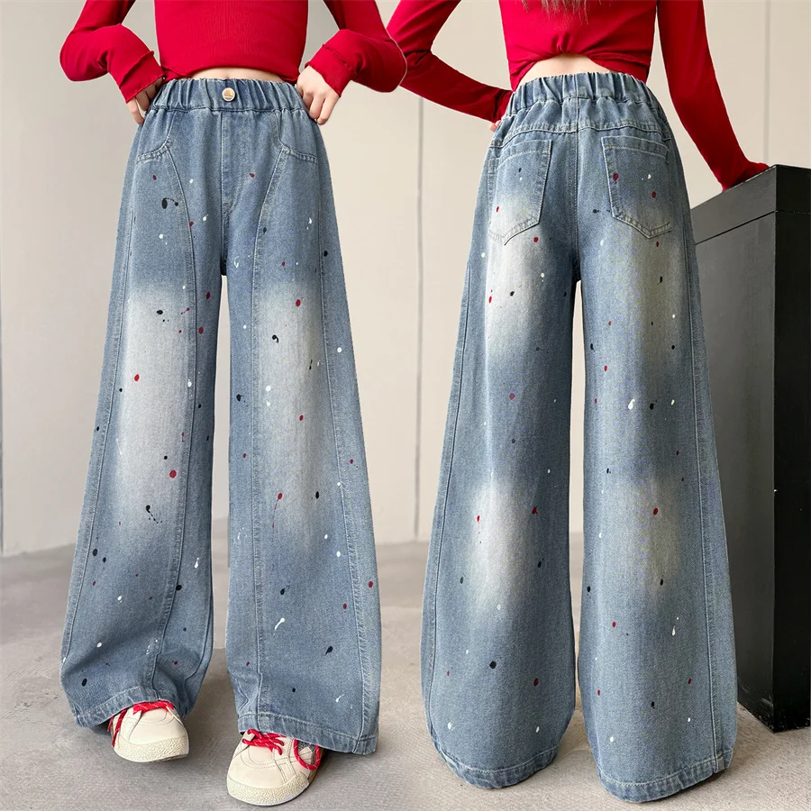 

New Spring Kids Children Wide Leg Oil Print Jeans Trousers for Girls Elegant Fashion Streetwear Denim Pants with Graffiti 5-14 Y