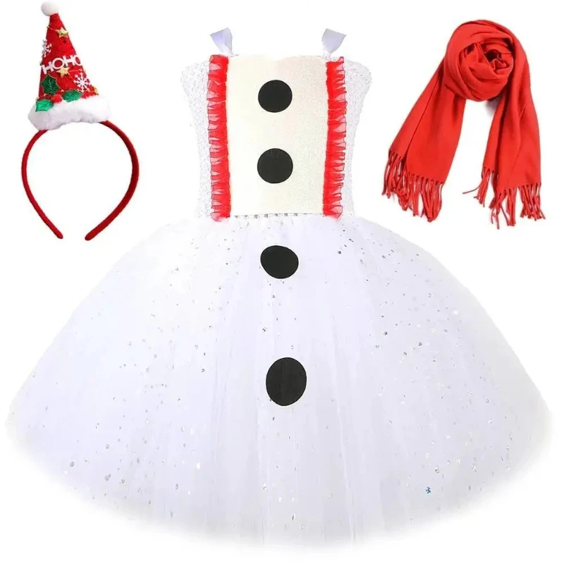 Sparkly White Snowman Costumes for Girls Xmas Holiday Outfit New Years Clothes Gifts Kids Christmas Tutu Dress with Hat Scarf