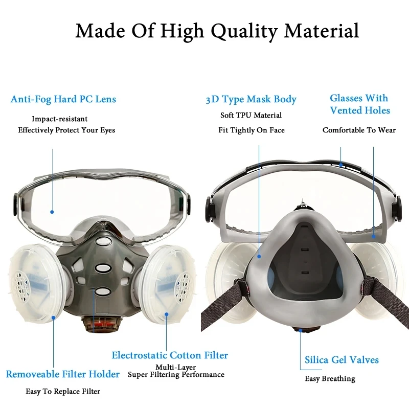 Integral Full Dust Mask Respirator With Anti-Fog Safety Glasses Dustproof Face Mask For Work Safe Painting Polishing Woodwork