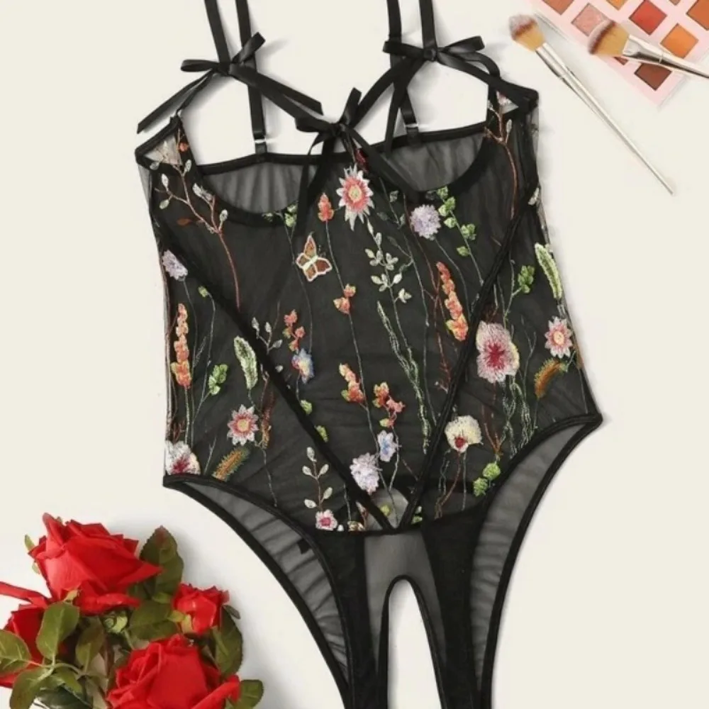 Women Erotic Western Style Black Mesh Sensual Printed Side Slit See Through Alluring Charming Breathable Premium Erotic Bodysuit