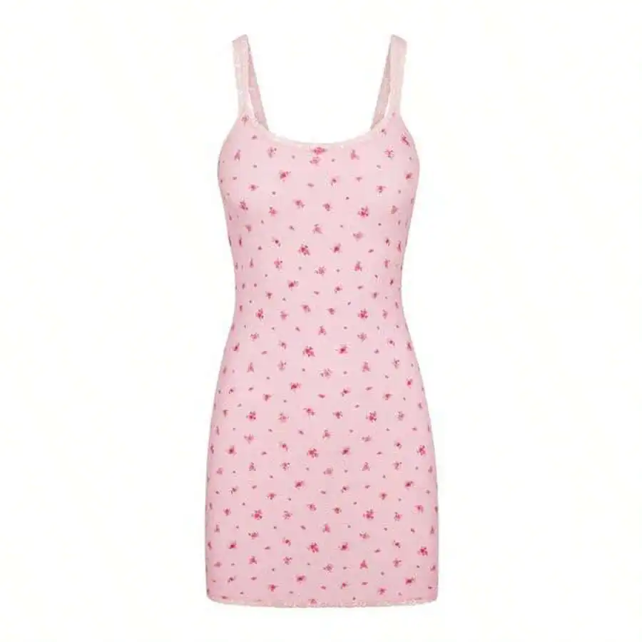 Soft Modal Lace Slip Dress With Floral Print Women Mini Nightgown Romantic Bodycon Sleepwear