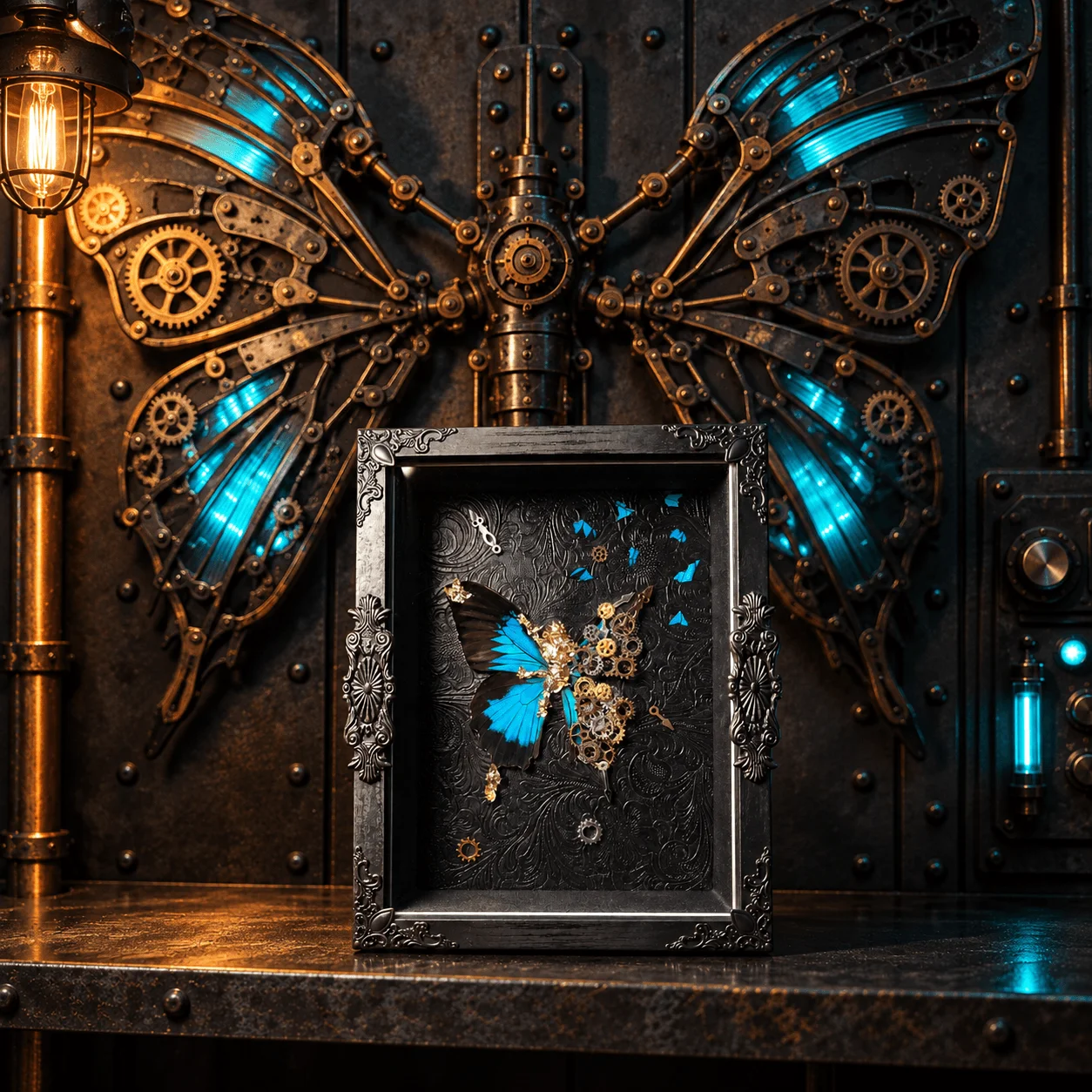 8-Inch Steampunk Ulysses Butterfly Shadow Box, Real Butterfly Wings and Mechanical Gear Art, Gothic Home Decor