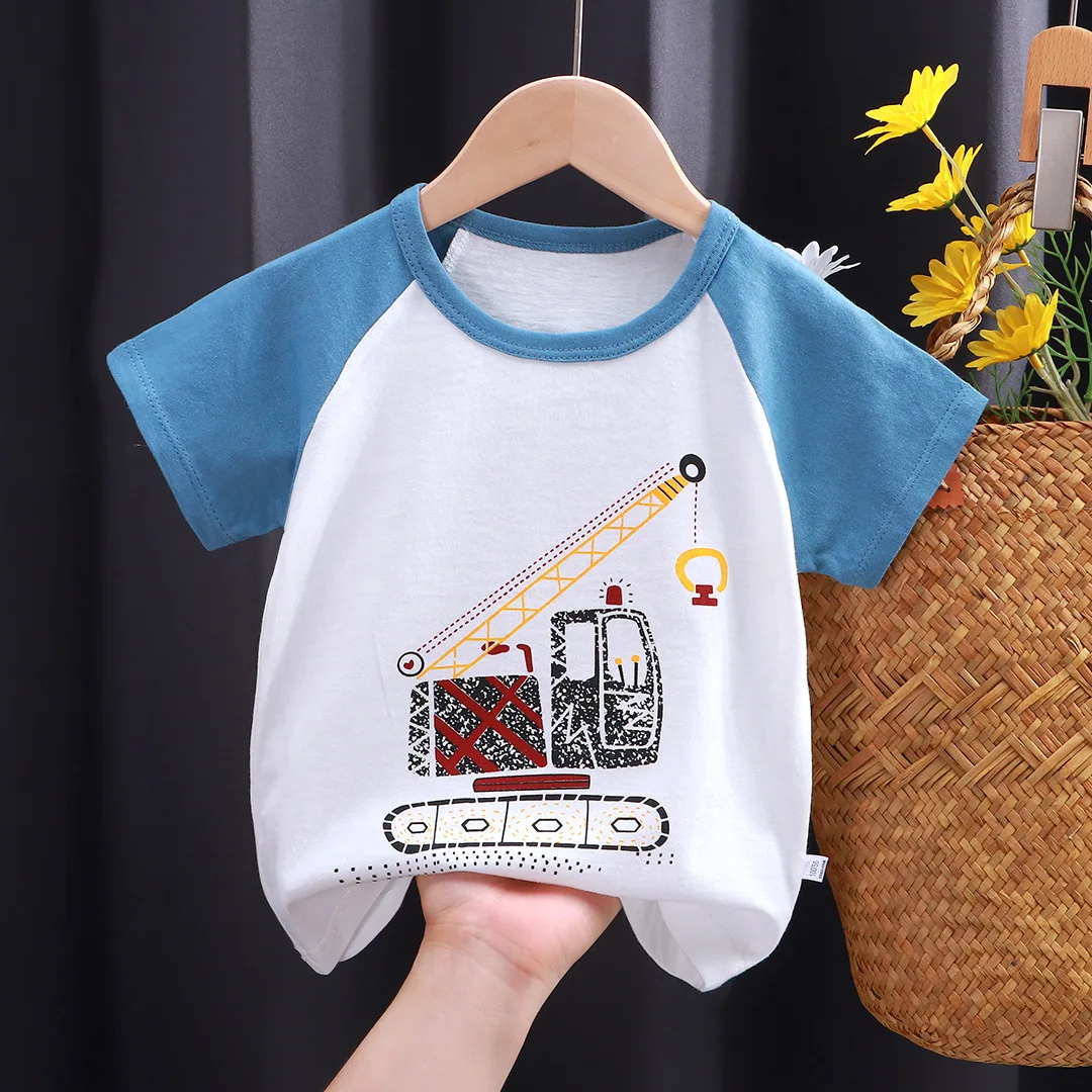 Kids Clothes  T-Shirt Children\'s Clothing Boys Girls Summer Cartoon Tops Short Sleeve Clothes 100% Cotton Blue Excavator Cartoon