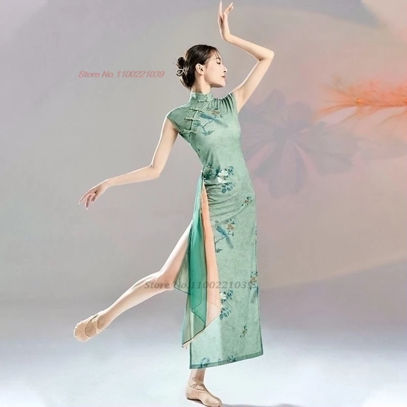 

2024 chinese vintage dance dress national flower print mesh qipao traditional dancer stage performance training practice qipao