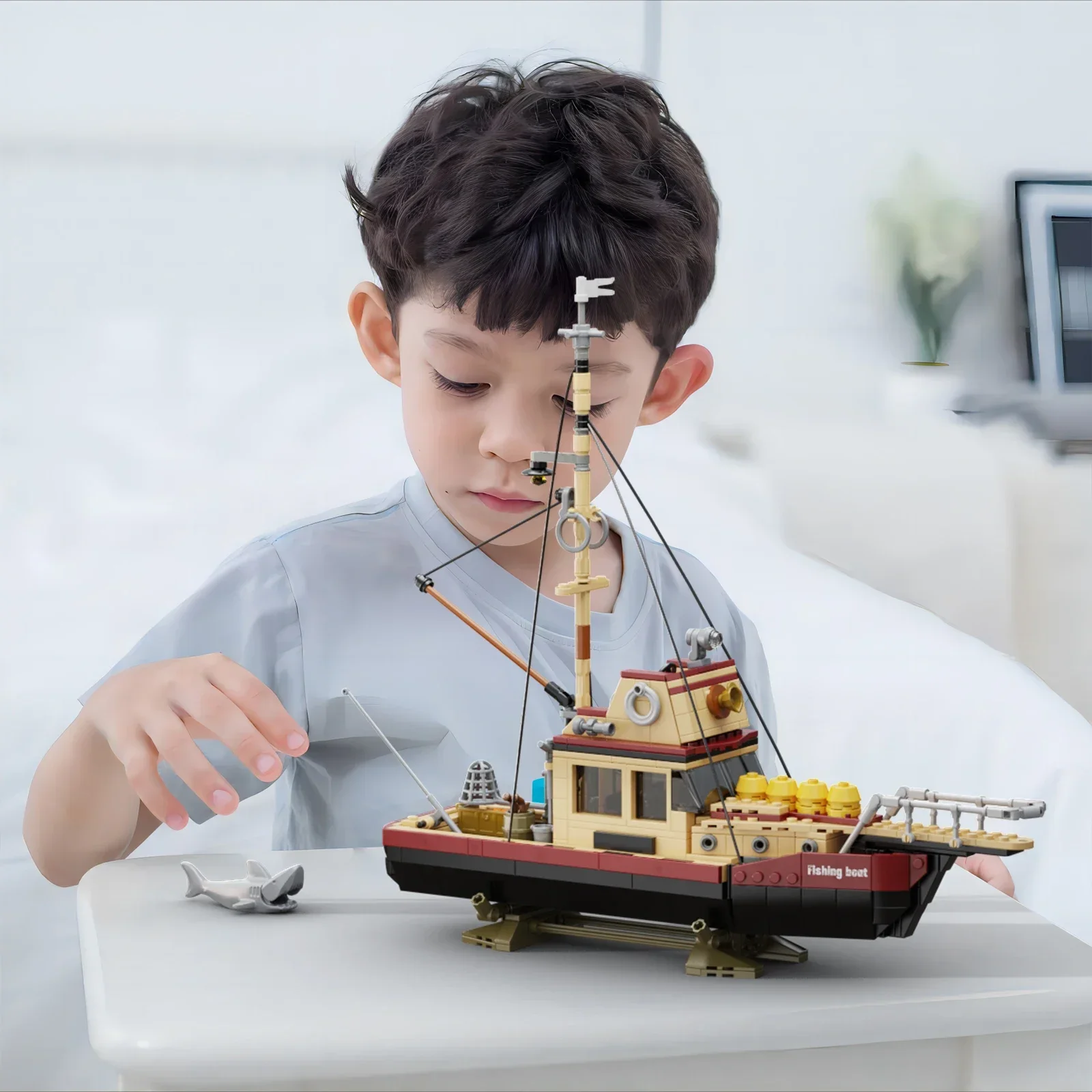 MOC City Fishing Boat Model Pirate Ship Trawlboat White Shark Sea Fisher Building Blocks Set DIY Kids Puzzle Toys Birthday Gift