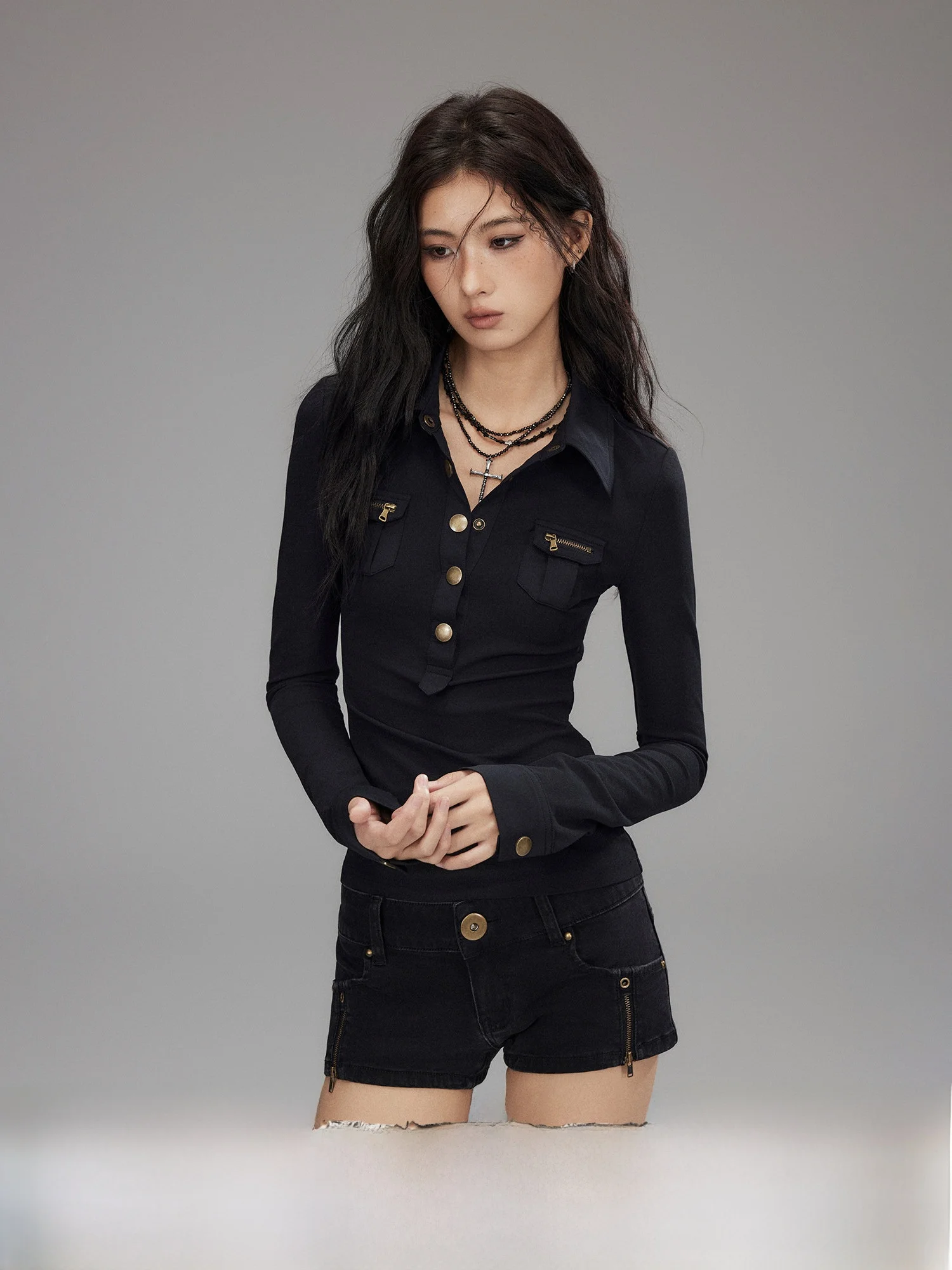 

Slim Fit Knitted Workwear irt f Button Long Sve Turn-down Collar Low Pixel Faion for Young Women Autumn Season