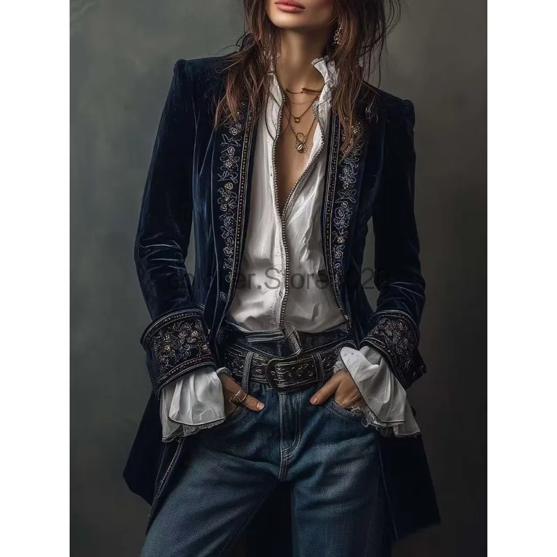 New Women Vintage Luxury Velvet Blazer Elegant Embroidery Decoration Long Sleeve Patchwork Coat Spring Autume Gothic Jacket