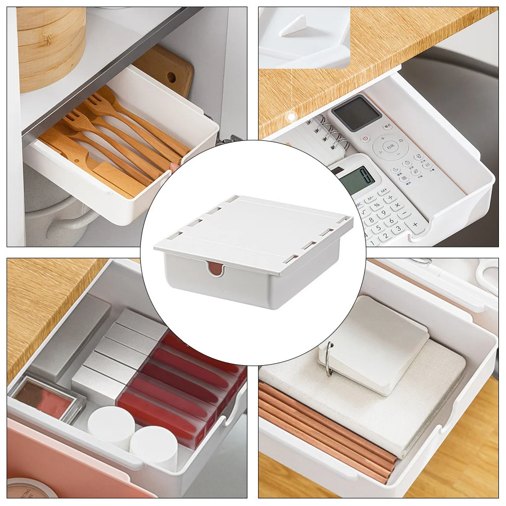 

1Pcs White Adhesive Hidden Drawer Storage Box Under Desk Organizer Office Table Sundries Holder Storage Box Drawer Style Holder