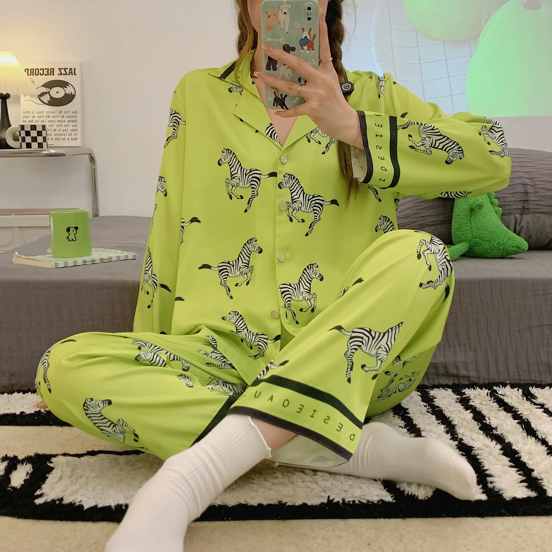 Pajamas Suit Long Sleeve Sexy V-Neck Print Tiger 2PCS Home Clothing Sleep Set With Pants Women Loungewear Sleepwear Pyjamas