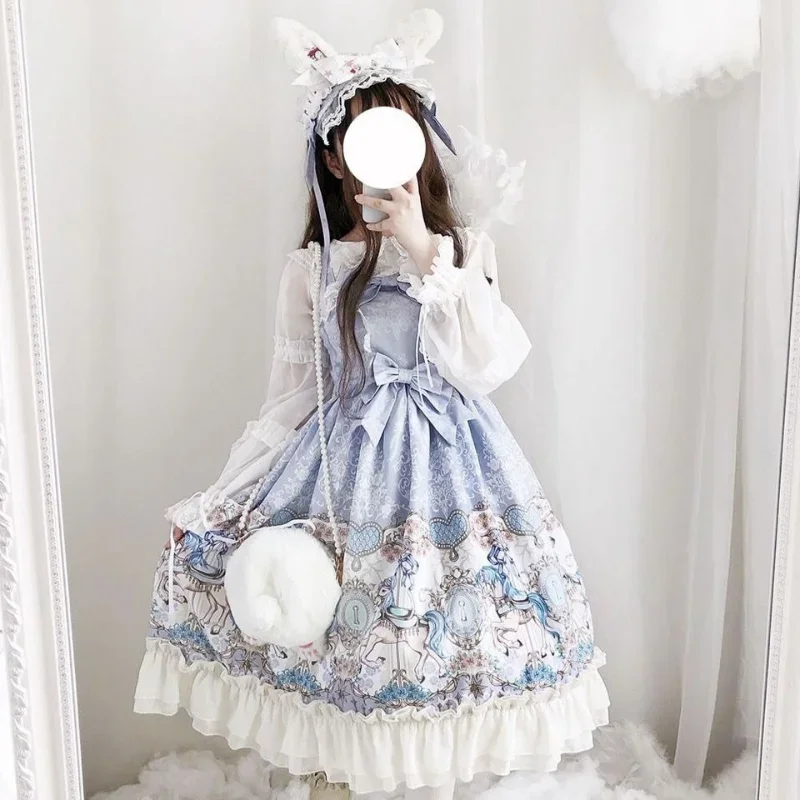 Japanese Soft Girl Kawaii Lolita Jsk Dress Sweet Bow Print Fairy Dresses Women A-line Daily Summer Princess Tea Party Suspenders