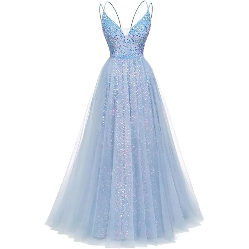 

2026 Women's New Blue V-Neck Sequin Evening Gown Fashion Slimming Wedding Toast Dress for Annual Gala Performance Long Dress