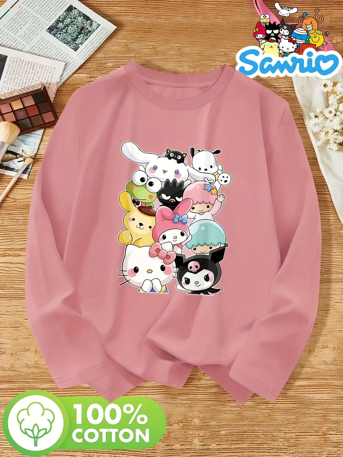 

Хлопковая футболка с принтом Sanrio, круглым вырезом и длинными рукавами, из высококачественной ткани, повседневная, машинная стирка.