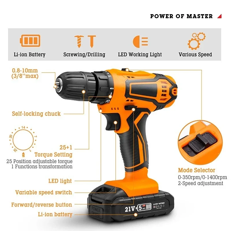 12V 16.8V 21V Cordless Mini Electric Drill Home Charging Drill Electric Screwdriver Driver Impact Drill Lithium-Ion Power Tools