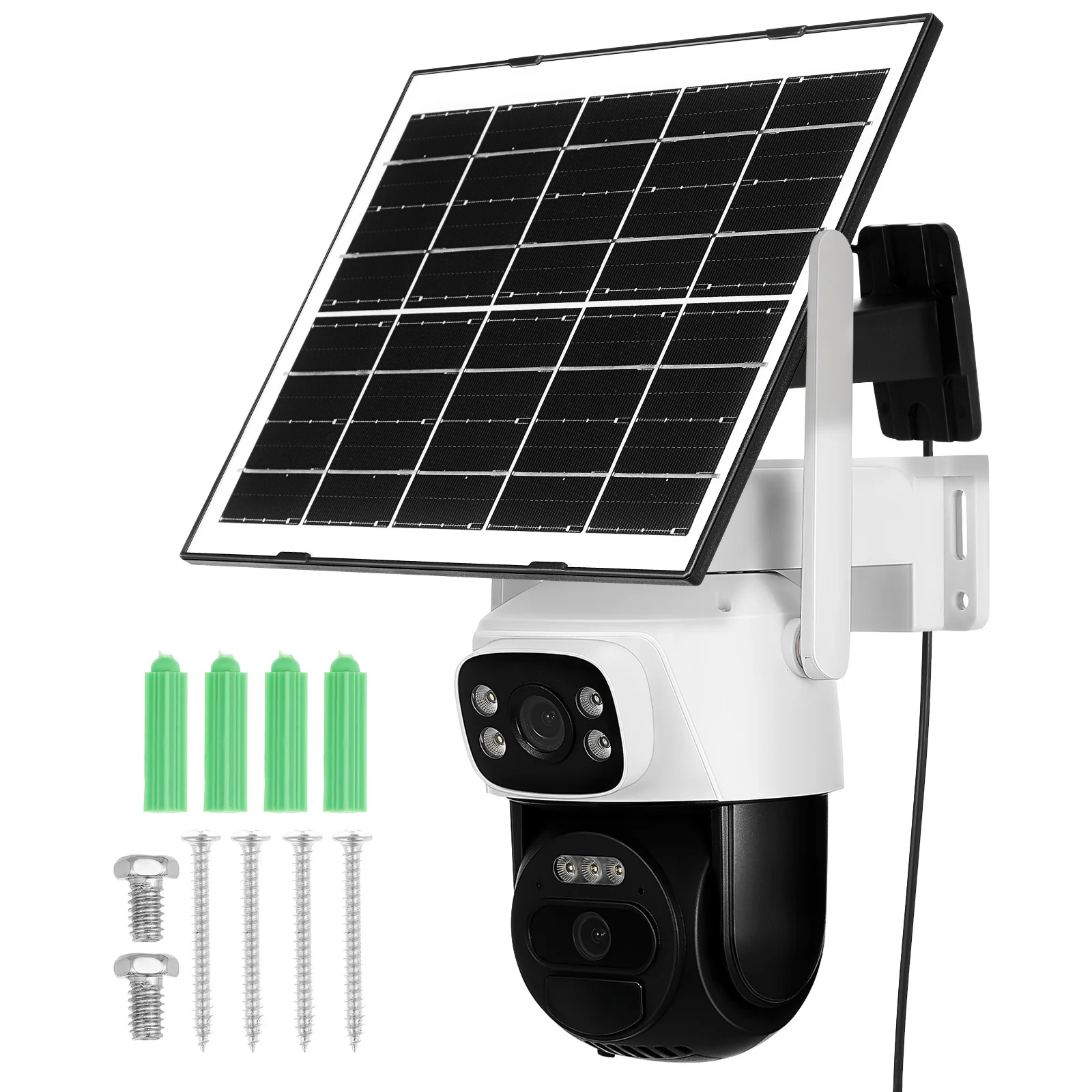 كاميرا مراقبة لاسلكية تعمل بالطاقة الشمسية 360 °   شاشة خارجية بعدسة مزدوجة قابلة للإمالة للمنزل والمدرسة مقاومة للعوامل الجوية