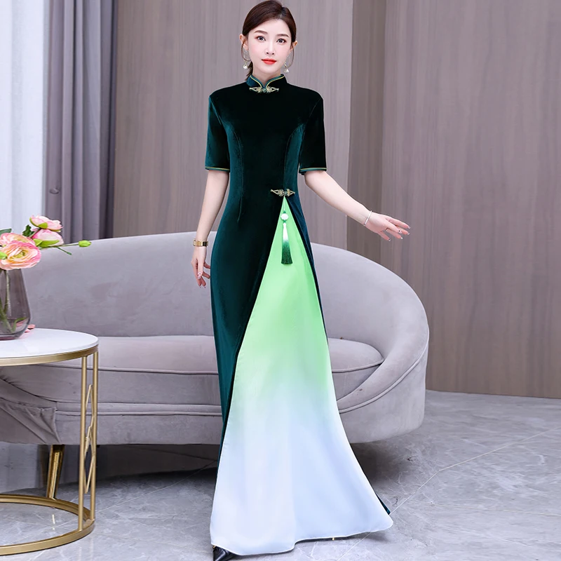 

Длинное бархатное платье для сценических выступлений с высоким разрезом, коротким рукавом, в ретро-стиле, женское модное платье для ведущих мероприятий