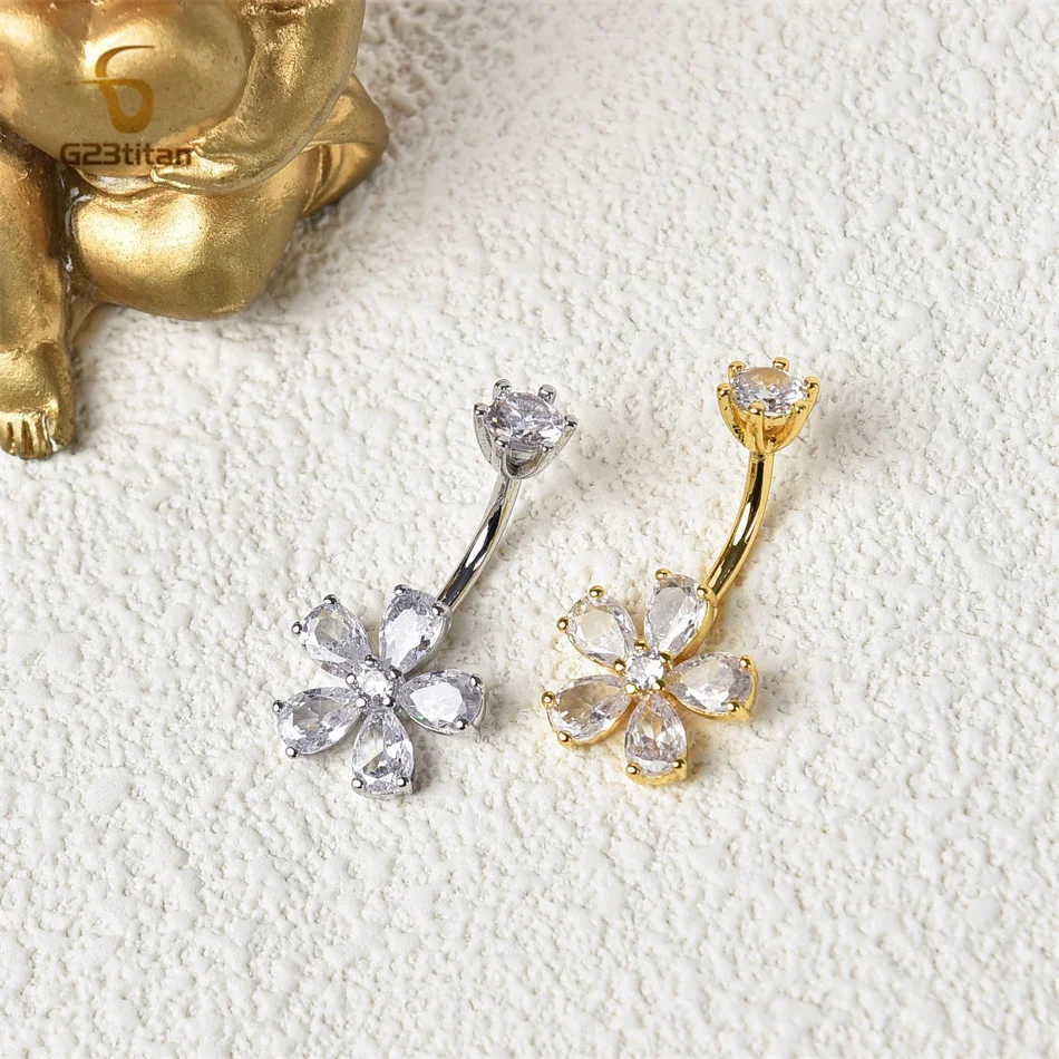 G23titan White Zircon Flower Titanium or Steel Belly Button Ring 1.6mm 14G Curved Barbell Navel Bar Piercing Women Body Jewelry image 4