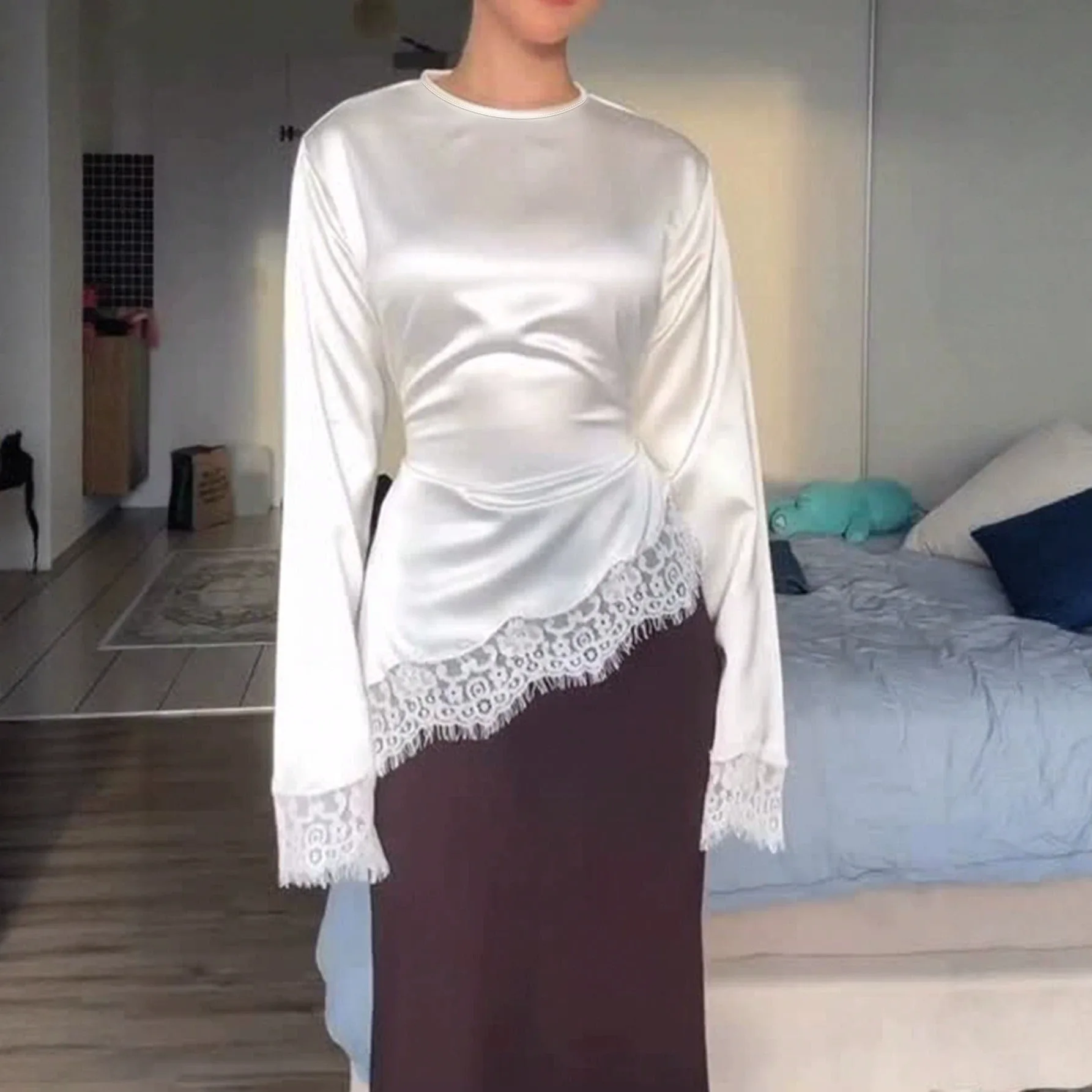 Elegant Glossy Satin Blouse Women's Round Neck Ruched Wrap Waist Lace Trim Irregular Hem Long‑Sleeve Chic Party Office Top New