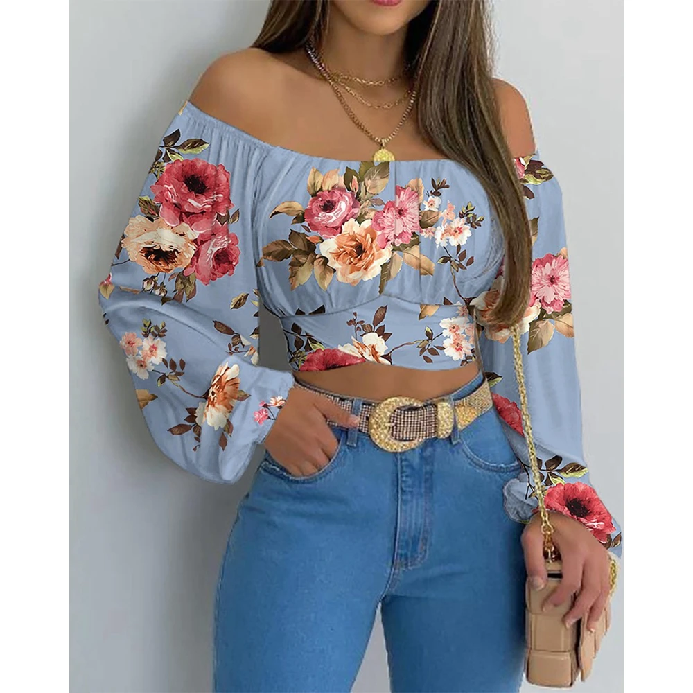 

Floral Print Off The Shoulder Women Crop Top Sexy Lantern Sleeve Blouse Fashion Back Bandage Casual Shirts Spring Summer Wear