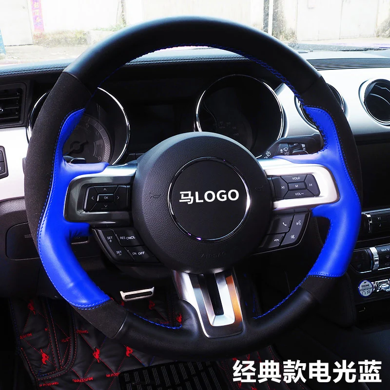 For Ford Mustang 2015-2020 Mustang GT 2015-2021 DIY Hand Stitched Sports style Genuine Leather suede Car Steering Wheel Cover