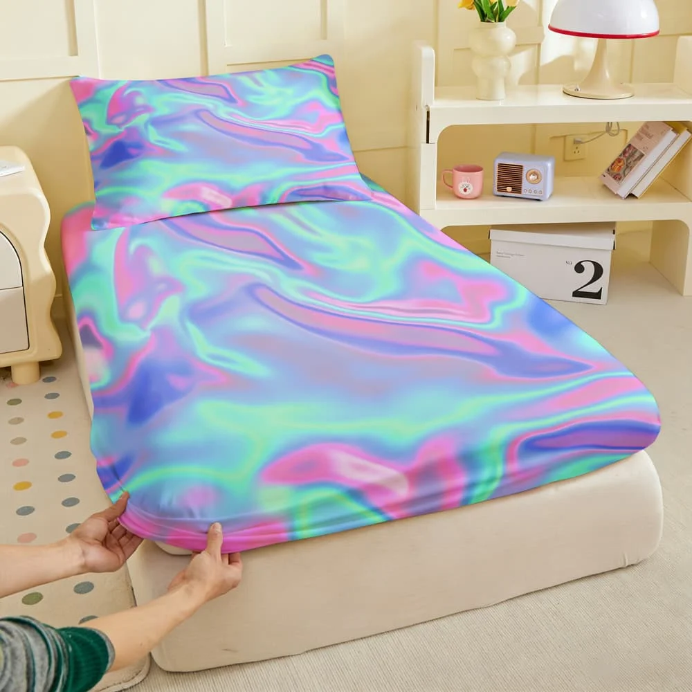 1pc Iridescent Holographic Liquid Swirl Fitted Sheet Deep Pocket Elastic Mattress Cover Single Double Queen King Bedroom Decor