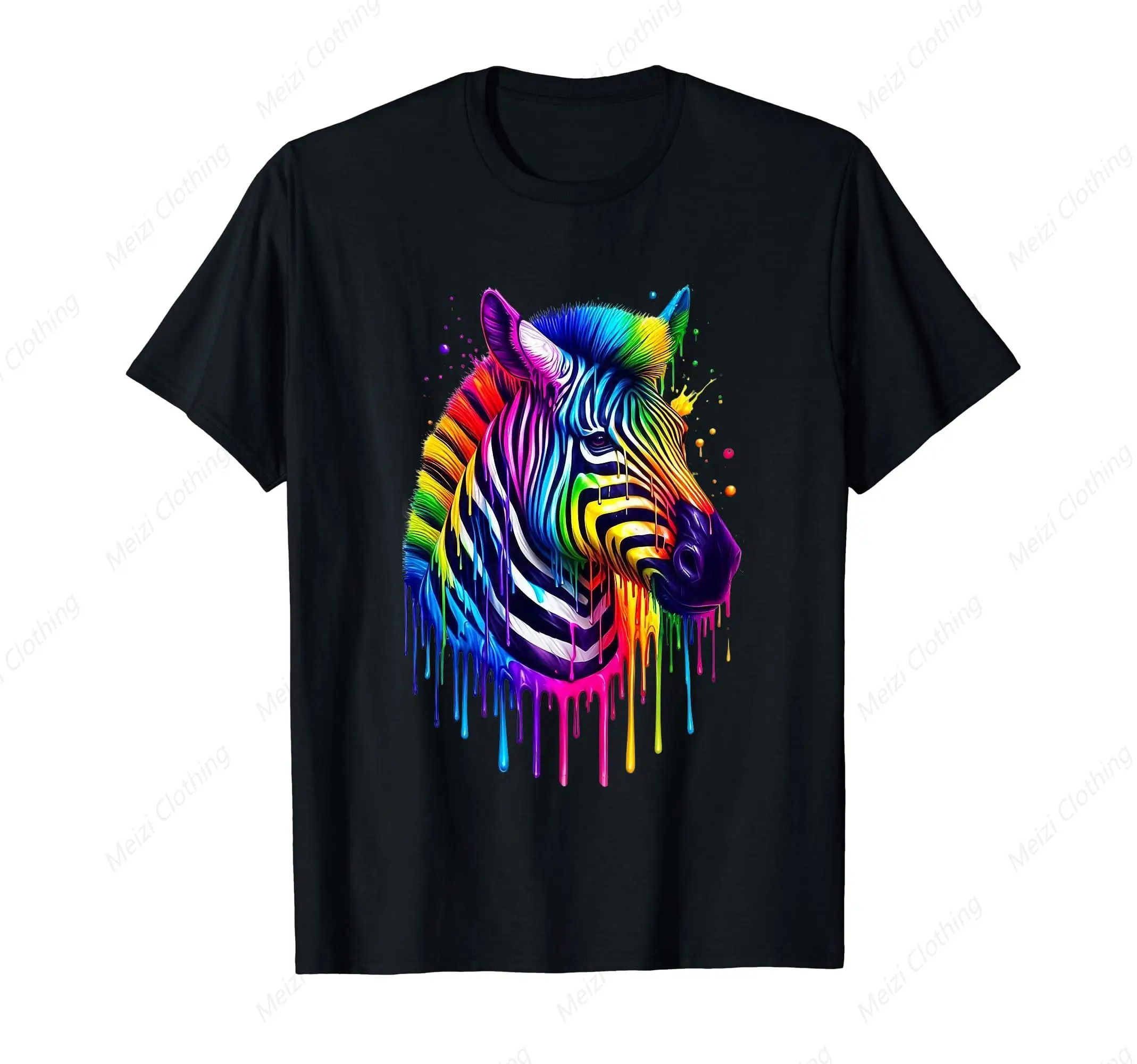 

Zebra face rainbow painted drip water men's and women's T-shirts cool and personalized men's cotton short sleeves